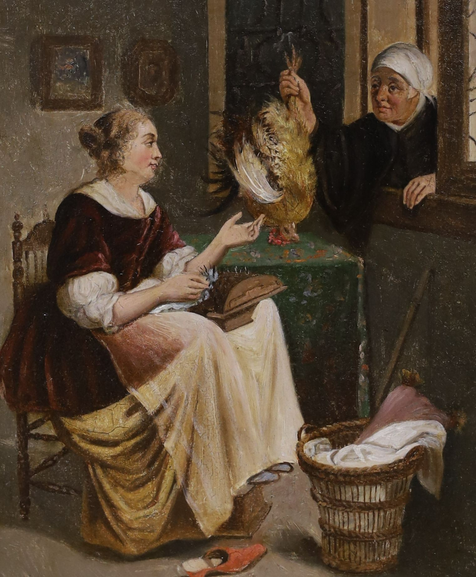 19th century German School, oil on zinc panel, Interior with lady at lace-making and a poultry seller, 20 x 16cm